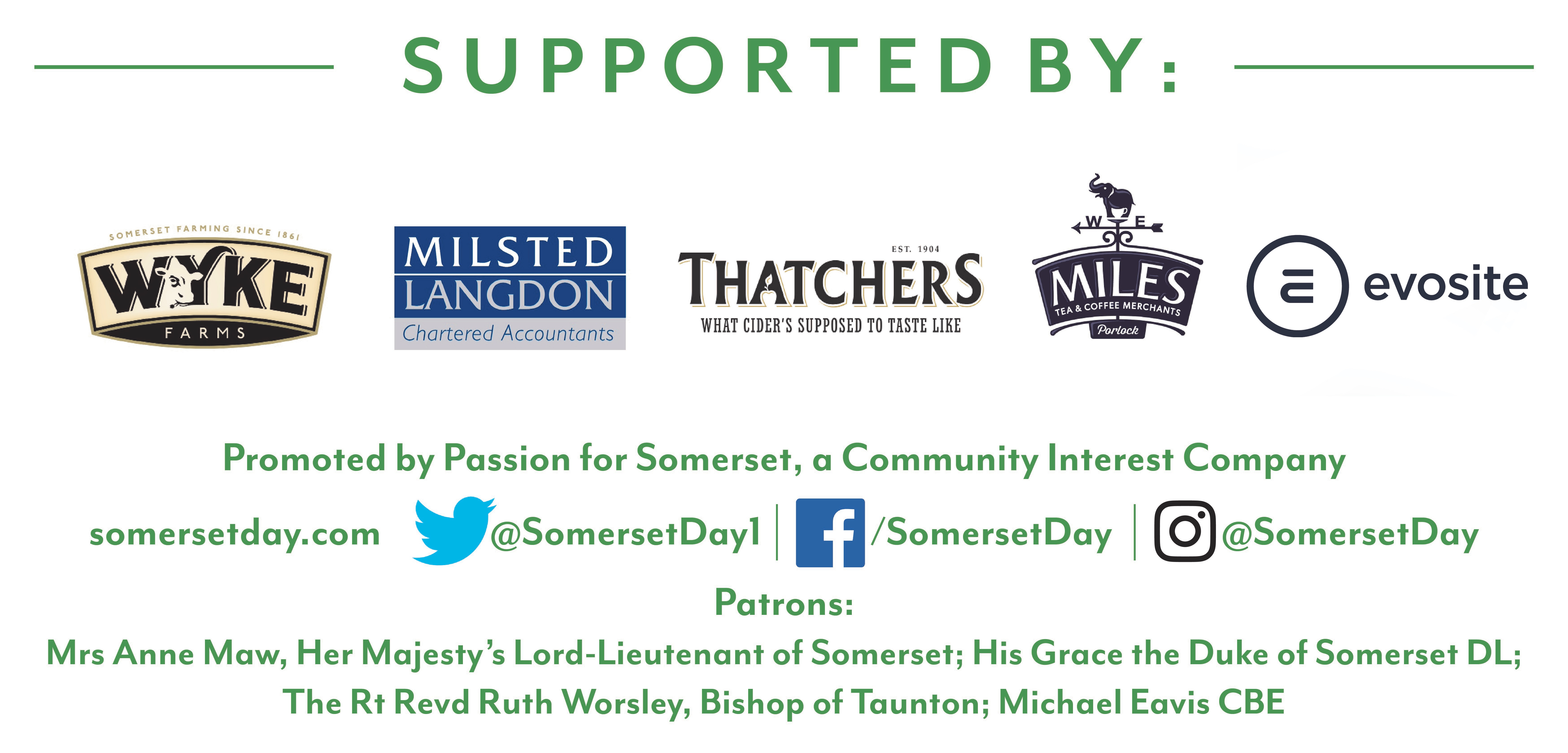 Supported By Miles Tea & Coffee Merchants, Milstead Langdon Chartered Accountants, Thatchers Cider & Wyke Farms